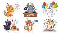 Cartoon cats celebrating with party elements including balloons, confetti, birthday cake, and musical notes on isolated white background, suitable for children's designs, greeting cards, and festive applications.