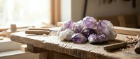 Collection of raw amethyst crystals and gemstones arranged on rustic wooden surface in warm natural sunlight for healing meditation and spiritual wellness.