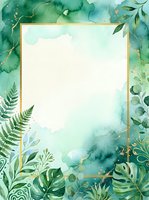 Watercolor botanical frame with gold border and lush green foliage on cream background, isolated on transparent backdrop for invitations, cards, and design projects.