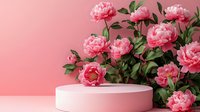 Pink peonies with green leaves arranged on white podium against pink background, elegant floral composition for cosmetic product presentation.