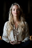 Young woman with long blonde hair wearing white embroidered blouse poses against dark background with soft bokeh lights, creating atmospheric portrait with natural expression.