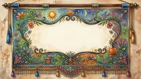 Ornate decorative scroll banner with floral patterns, sun, moon, and colorful tassels, featuring a blank center for custom text or design.