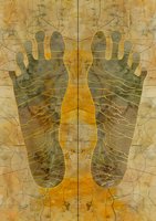 Artistic footprints in earthy tones on aged paper texture with abstract lines and organic patterns create mystical symmetrical composition for wellness and spiritual designs.