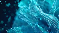Glowing turquoise particles form abstract wave patterns against dark background, creating futuristic molecular structure with bokeh light effects and depth of field.