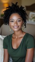 Young African American woman with natural locs hairstyle wearing green top and gold earrings smiles warmly at camera while sitting on couch. Lifestyle portrait with soft lighting.