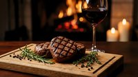 Grilled beef steak with herbs on wooden board beside red wine glass. Cozy fireplace background creates warm dining atmosphere for romantic dinner or restaurant menu.