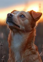 Red mixed breed dog with bright blue eyes looking up against golden sunset sky, illuminated by warm evening light, close-up portrait in nature setting.