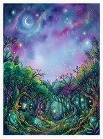 Enchanted forest landscape with glowing trees, magical flora, and crescent moon in starry night sky with vibrant purple, blue, and green aurora colors. Fantasy woodland scene.
