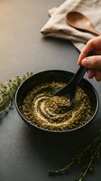 Hand stirring green herb seasoning blend in black bowl with wooden spoon on dark surface with fresh thyme sprigs and linen cloth for culinary cooking.