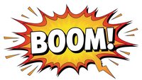 Comic book explosion burst with BOOM text in bold letters surrounded by dynamic starburst rays on isolated white background for graphic design projects.
