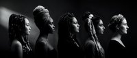 Five African American women in profile showcasing diverse protective hairstyles including braids, locs, and head wraps in artistic black and white portrait.