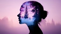 Female silhouette profile with double exposure effect showing misty forest landscape at sunset, pine trees and purple sky creating dreamy atmospheric scene.