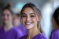 Young female healthcare worker in purple medical scrubs smiling warmly at camera with natural makeup and pulled back hair against blurred hospital background.