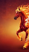 Majestic red fire horse with flowing flame mane rearing up against warm gradient background with decorative swirls for fantasy and mythical creature designs.