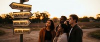 Diverse group of young professionals standing by wooden directional signpost at golden hour sunset, symbolizing career paths and future opportunities in business.