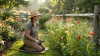 Woman gardener kneeling in colorful flower garden during golden hour sunlight. Peaceful outdoor hobby and sustainable living concept for wellness content.