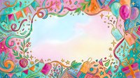 Colorful festive border frame with swirls, ribbons, gifts, and party elements on pastel background, isolated design for invitations and celebrations.