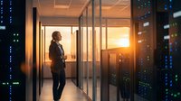 Professional businessman in modern data center server room at sunset overlooking city skyline through glass windows for technology and business concepts.