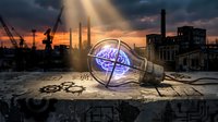 Glowing globe in abandoned industrial warehouse at sunset with dramatic light rays, cranes, and factory buildings in dystopian urban landscape.