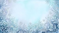 Frost-covered plants and delicate snowflakes frame a serene winter landscape with soft blue and white tones, ideal for seasonal backgrounds and holiday designs.