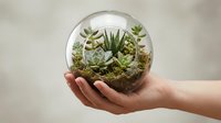Person holding glass sphere terrarium with succulent plants and moss, isolated on white background for design and botanical concepts.
