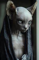 Mysterious hairless sphynx cat with piercing blue eyes wrapped in dark fabric, creating dramatic shadows and ethereal atmosphere for fantasy or horror concepts.