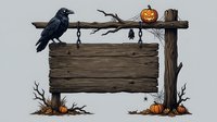 Black crow perched on wooden sign with carved pumpkin, hanging lantern and autumn decorations for seasonal marketing and holiday designs.