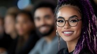 Young African American woman with purple braids and round glasses smiling confidently in office environment, with diverse coworkers in background. Professional workplace portrait.