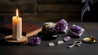 Mystical altar setup with burning candle, amethyst crystals, tarot cards and incense for spiritual meditation and divination practices on dark wooden surface.