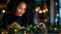 Young African American woman decorating Christmas garland with warm lights in cozy evening setting. Holiday preparation and festive home decoration concept.