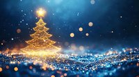 Magical glowing Christmas tree made of golden lights and sparkles on dark blue background with bokeh effect and shining particles for holiday designs.