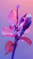 Vibrant pink and purple flower blossom with water droplets against gradient background, showcasing delicate petals and stamen in macro photography.