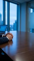 Businessman hands clasped on conference table in modern office boardroom with city skyline view through large windows for corporate meetings.