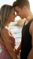 Young couple sharing intimate moment at golden hour sunset by ocean water. Romantic beach date with warm sunlight creating dreamy atmosphere for love story.