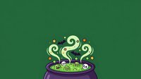 Spooky cauldron with glowing tentacles, skulls, and stars on green background. Isolated clipart for Halloween designs, t-shirts, and festive graphics.