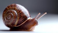Garden snail crawling on light surface, showing detailed spiral shell pattern and extended antennae in macro photography view, highlighting natural brown and cream colors.