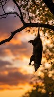 Playful monkey hanging from tree branch during golden hour sunset with warm orange sky and silhouetted foliage creating dramatic wildlife scene.