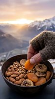 Person in knit gloves holding dried apricot over bowl of mixed nuts and dried fruits with snowy mountain valley sunrise backdrop.