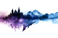 Watercolor fantasy landscape with castle silhouette and mountains in purple and blue tones on white background for creative projects.