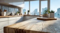 Modern kitchen interior with rustic wooden countertop in foreground and panoramic city view through large windows, creating contrast between natural and urban elements.