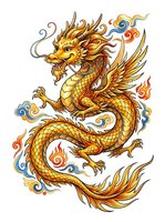 Golden dragon with ornate scales and flowing mane, featuring traditional Asian design elements with blue and orange flame accents. Isolated on white background, ready for apparel and design projects.
