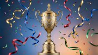 Golden trophy cup with ornate handles surrounded by colorful confetti and ribbons on blue background. Championship award ceremony celebration concept.