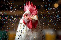 White speckled rooster with red comb against festive bokeh lights background. Farm poultry portrait for holiday greeting cards and seasonal designs.