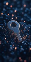 Digital key symbol emerging from circuit board pattern with glowing orange bokeh lights against dark blue background, representing cybersecurity and data protection.
