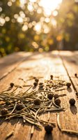 Dried rosemary sprigs with berries scattered on wooden surface outdoors, golden sunlight filtering through blurred foliage background, suitable for culinary, wellness and garden design projects.