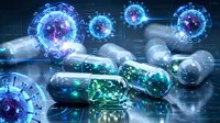 Futuristic medical capsules with glowing digital virus particles and holographic data interfaces for pharmaceutical technology concepts.