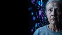 Senior woman with digital data projection on face representing artificial intelligence and technology integration in healthcare and aging.