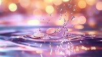 Water drop splash creating crown shape with flying droplets on pink and golden bokeh background, macro photography with soft focus and reflective surface.