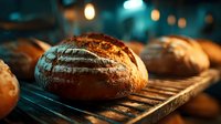 Freshly baked artisan bread loaves cooling on wooden rack in warm bakery kitchen with golden lighting creating cozy atmosphere for culinary marketing.