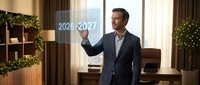 Professional businessman presenting 2026-2027 timeline in modern office with holiday decorations and warm lighting for corporate planning presentations.